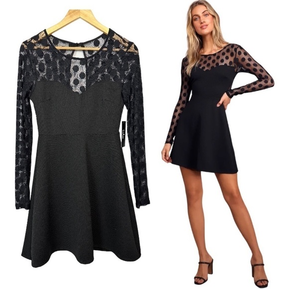 Lulus Dresses & Skirts - 25. LULUS NWT S In Hot Dot-ter Long Sleeve Black skater Dress Date Valentines